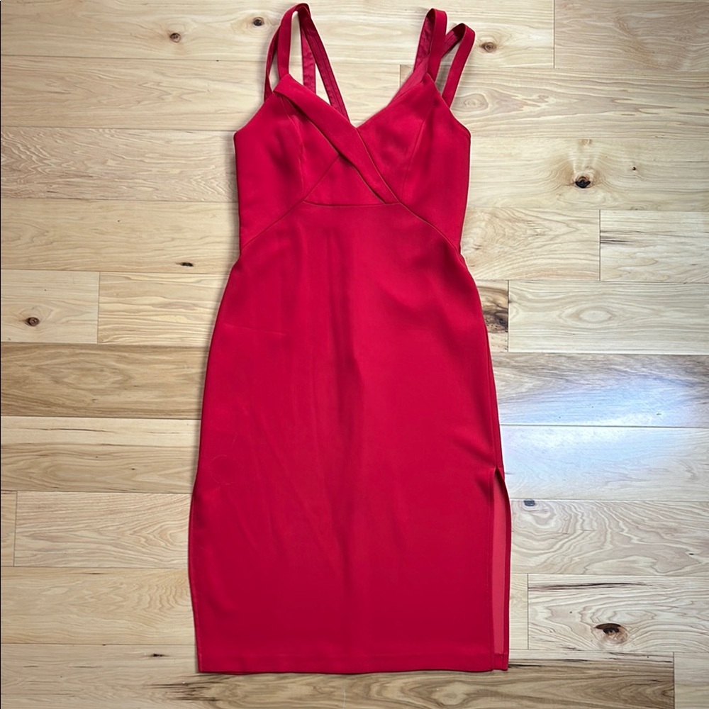 BCBGeneration Red Crisscross Straps Double Slit Dress | Size 10